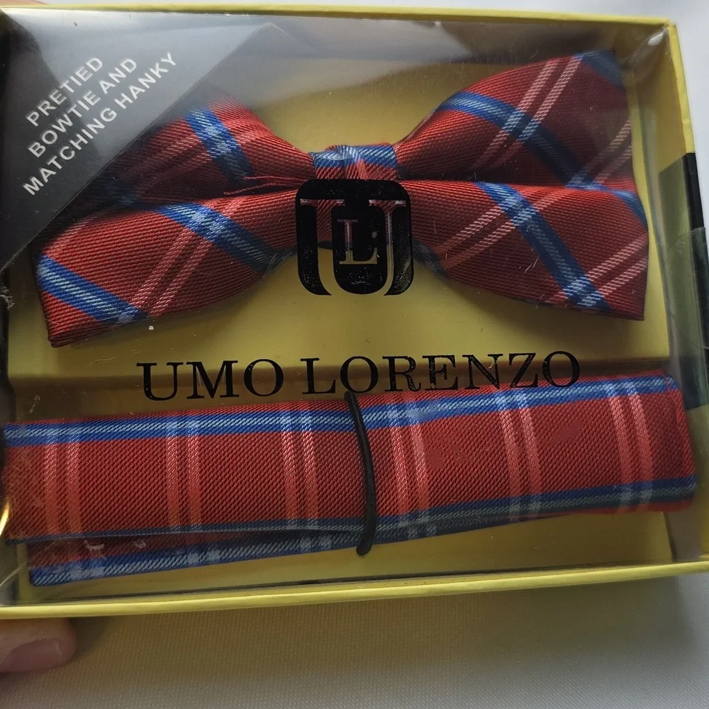 NEW‎ Umo Lorenzo 2 Boxed Sets Bowtie/Hanky Blk/White & Red/Blue Plaid